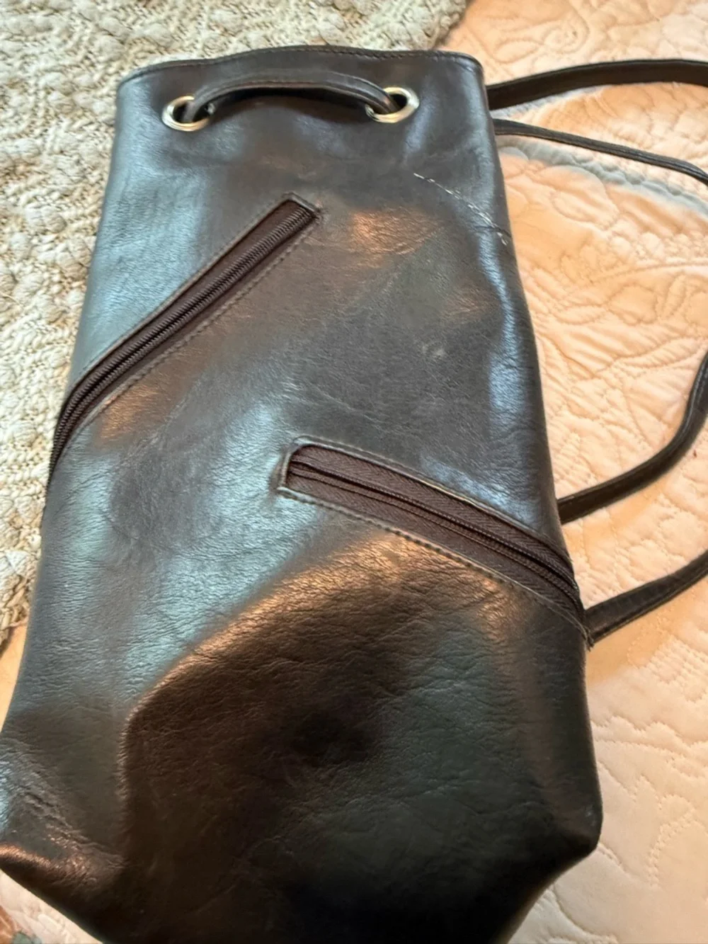 Vintage Excel Handbags Co Black Vegan Leather Drawstring Backpack OS